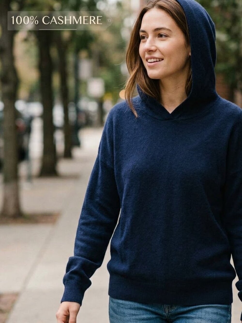 100% Cashmere Navy Blue Hoodie Sweater Size XXS